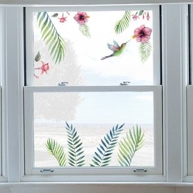 Tropische Bladeren - Bloemen - Kolibrie - Raamsticker - Deursticker - Muursticker 