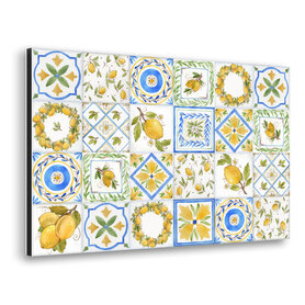 Metaal - Spatscherm XL Paneel Keuken - Aluminium Metaal - Hand getekende Citroenen en blauwe print textuur - 72 x 48 cm (LxB)