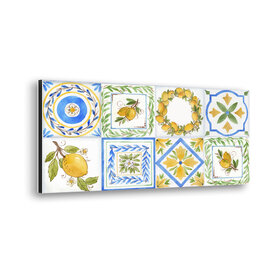 (uitverkocht) Border (2x) - Metaal - Spatscherm XL Paneel Keuken - Aluminium Metaal - Hand getekende Citroenen en blauwe print textuur  - 48 x 24 cm (LxB)